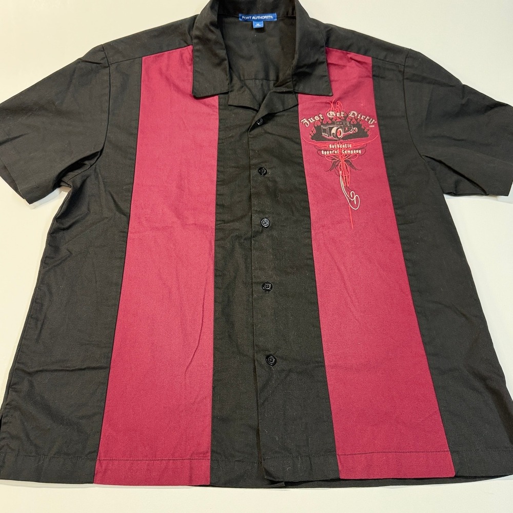 Port Authority Men Size M Black‎ Red Bowling Shirt Just Get Dirty Garage Hot Rod